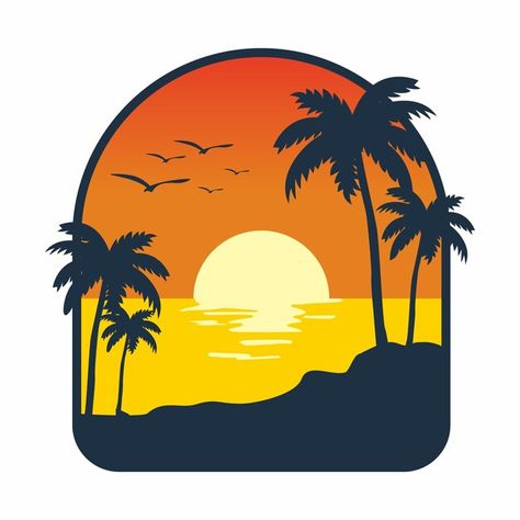 Sunset Vector Art, Beach Vector Art, Beach Illustration Design, Beach Sunset Illustration, Sunset Logo Design, Orange Sunset Beach, Sunset Cartoon, Sunset Vector Illustration, Sunrise Vector