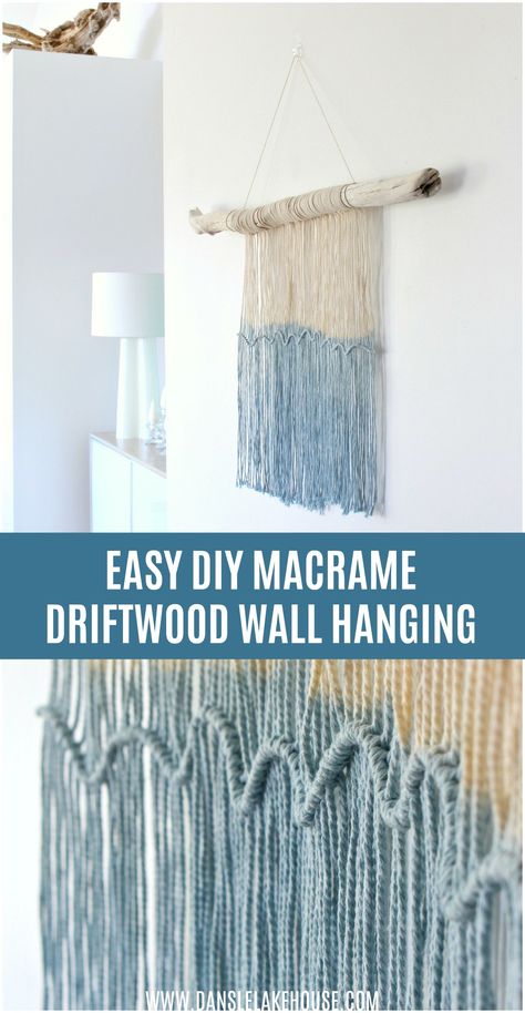 Easy DIY Macrame and Driftwood Wall Hanging | Dans le Lakehouse. Check out the tutorial for this easy macrame wall hanging! It's just ONE knot - the perfect beginner macrame project. Easy macrame wall hanging DIY to get you into string wall art. You'll love this simple macrame wall hanging - I dip dyed it for extra interest! Click through for more driftwood projects, driftwood wall art, driftwood decor, and driftwood crafts! It's easy to make your own coastal decor with this project. #macrame Diy Outdoor Candles, Simple Macrame Wall Hanging, Easy Macrame Wall Hanging, Easy Diy Macrame, Beginner Macrame, Driftwood Wall Hanging, Driftwood Macrame, Mom Crafts, Easy Macrame