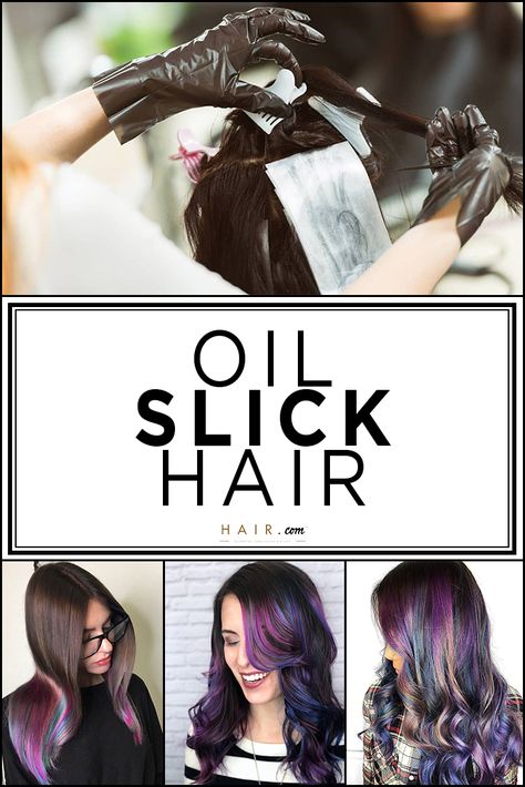 Diy Oil Slick Hair, Oil Slick Hair Color Brunettes Peekaboo, Oil Slick Hair Color Brunettes, Holographic Hair Dark, Multi Color Hair Dye Techniques, Vivid Hair Color Ideas For Brunettes, Oil Spill Hair, Oil Slick Hair Color, Haircut Options