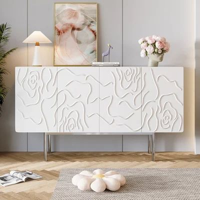 59" White Sideboard Buffet with Doors Modern Carved Credenza Adjustable Shelves Modern White Sideboard, Black Wood Sideboard, Curated Aesthetic, Minimalist Sideboard, White Sideboard Buffet, Lake House Furniture, Sideboard Cabinet Modern, Foyer Furniture