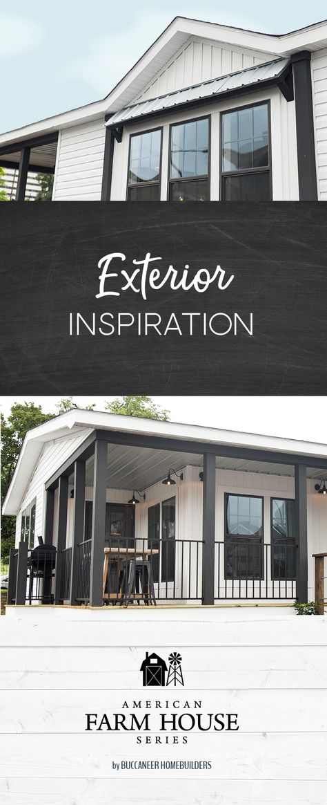 Black framed windows, galvanized tin wainscotting and black column posts add the perfect amount of depth and contrast to the exterior of our Lulamae home. See the wraparound front porch and all the extra details inside The Lulamae at BuccaneerFarmhouse.com   #farmhousehappy #farmhouseexterior #farmhousedecor #farmhouseliving #farmhousestyle #farmhousecharm #modernfarmhouse #lulamae #lulamaefarmhouse #lulamaehome #americanfarmhouseseries #buccaneerhomes #fixerupperstyle #fixerupperinspired #f Mobile Home Remodel Exterior, Farmhouse Mobile Home, Exterior Farmhouse, Exterior Columns, Home Remodeling Exterior, Renovation Exterior, Mobile Home Exteriors, Mobile Home Decorating, Home Exterior Makeover