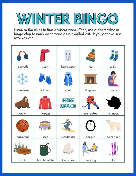 Color Illustrated Winter Bingo and Calling Cards for Speech Therapy - Templates by Canva Therapy Templates, Winter Bingo, Preschool Christmas Party, Speech Therapy Worksheets, Bingo Chips, Bingo Template, Five In A Row, Winter Words, Bingo Printable