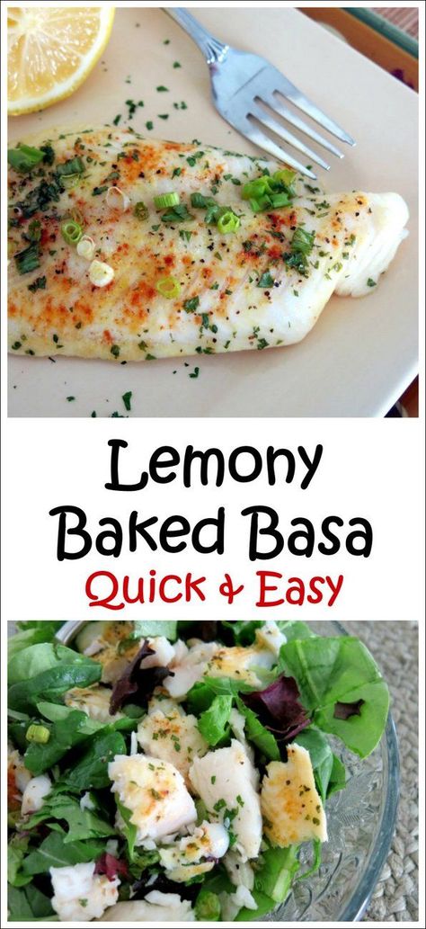 Lemony Baked Basa - a quick and easy recipe that is spectacular flaked into fish tacos or over salad greens too! Basa Fillet Recipes, Basa Fish Recipes, Cooking Shrimp, Fish Recipes Baked, Cooking Fish, Salad Greens, Fish Salad, Fish Recipes Healthy, Fish Dinner