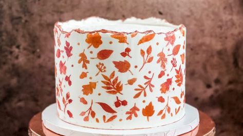 Fall Leaf Cake, Cake Autumn, Leaves Stencil, Leaf Cake, Stencil Cake, Leaf Stencil, Cake Stencil, Cake Inspo, Bday Cake