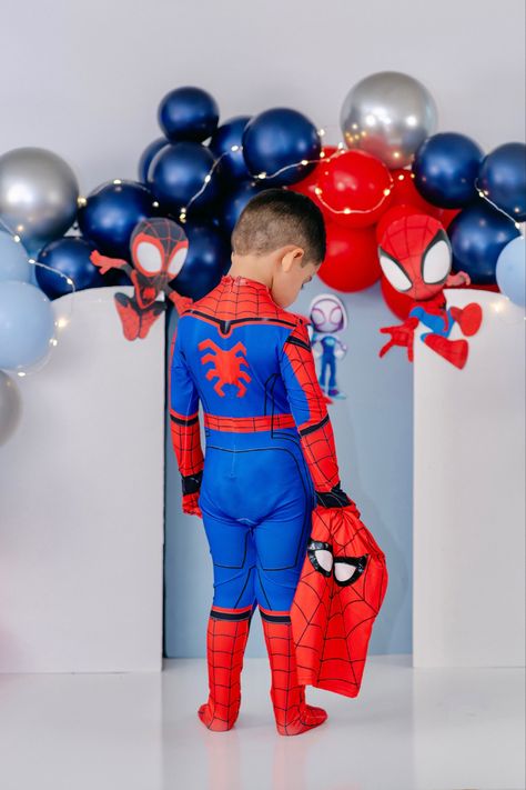 Spiderman Birthday Photoshoot, Spidey Photoshoot, Spiderman Photoshoot, Spiderman Halloween Costume, Spiderman Birthday Party Decorations, Baby Boy Birthday Cake, Spidey And His Amazing Friends, Spiderman Theme, Baby Christmas Photos