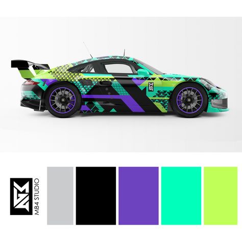 Black / Purple / Lime Green / Bright Aqua color palette inspiration for the power sports enthusiast and designer by MB4 Studio. #offroad #carwrap #masculine #graphicthemes #porsche @mb4studio Lime Green And Black Color Palette, Neon Green Color Combinations, Racing Color Palette, Black Purple Color Palette, Sporty Color Palette, Color Palette Green Purple, Car Color Palette, Sport Color Palette, Sports Color Palette