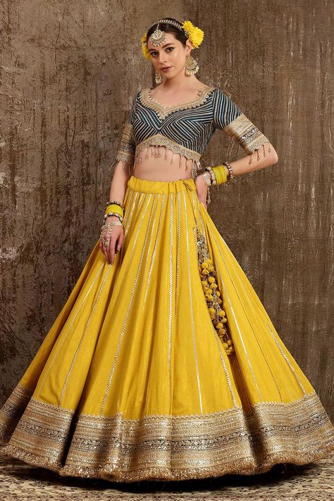 Buy Shikhar Sharma Blue Shimmer Chanderi Lehenga Set Online | Aza Fashions Chanderi Lehenga, Tassels Blouse, Bead Tassels, Leaf Sleeve, Navratri Dress, Yellow Lehenga, Wedding Lehenga Designs, Lehenga Designs Simple, Lehnga Dress