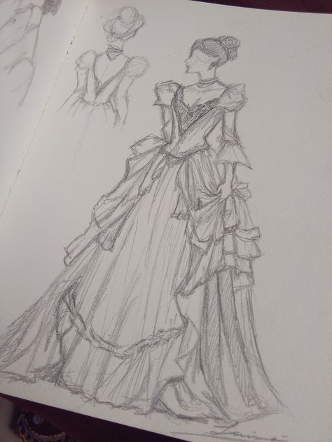 Ball Gowns Drawing Fashion Sketches, Ball Gown Drawing Sketches, Prom Dress Drawing, Victorian Era Drawing, Victorian Sketches, Victorian Dress Drawing, Victorian Era Dress, Fashion Sketchbook Inspiration, Gown Drawing