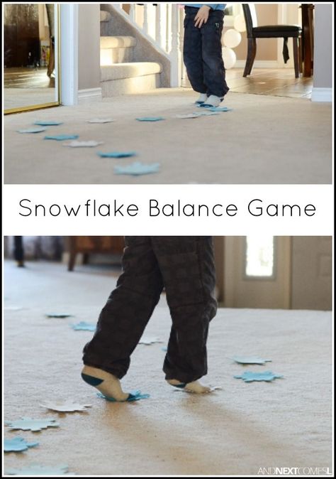 Easy snowflake gross motor balance activity for kids from And Next Comes L Snow Gross Motor Activities Preschool, Gross Motor Snow Activities, Winter Themed Gross Motor Activities, Ice Skating Preschool Activities, Snowflake Fine Motor Activities, New Years Gross Motor Activities, December Gross Motor Activities Preschool, Snowman Gross Motor Activities, Winter Obstacle Course For Kids