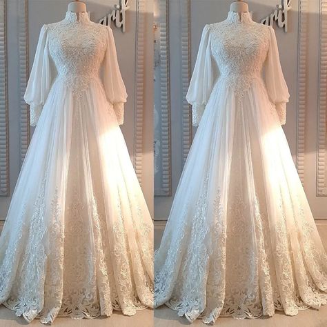 Muslim Wedding Dresses Long Sleeves High Neck Beaded Lace Appliques Bridal Gown | eBay Wedding Outfits With Hijab, Wedding Dresses Arab, Fairytale Dress Aesthetic, Outfits With Hijab, Nigerian Bridesmaid Dresses, Long Sleeve Satin Wedding Dress, Fantasy Wedding Dress, Muslim Wedding Gown, Arabic Wedding Dresses