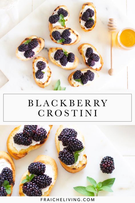 A few simple ingredients come together here to create and elegant and fun appetizer or snack that anyone is sure to love! #appetizer #crostini #blackberry #holidayappetizer Brie And Blackberry Appetizer, Blackberry Snacks, Blackberry Appetizers, Blackberry Crostini, Cream Cheese Crostini, Appetizer Crostini, Endive Appetizers, Fraiche Living, Crostini Recipe