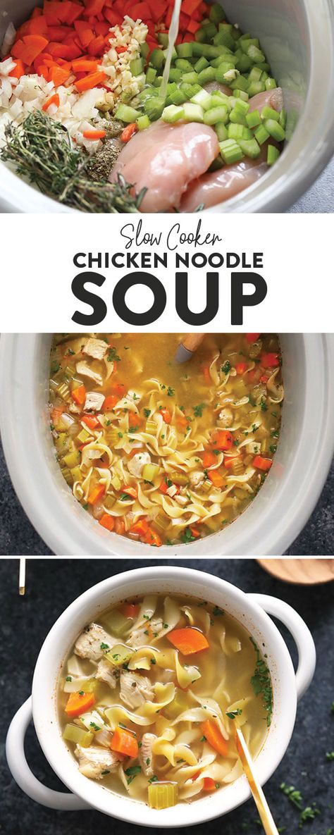 Need a hot soup that warms the soul and is the perfect remedy when under the weather? Make our Slow Cooker Chicken Noodle Soup. Made with carrots, celery, onion, chicken breast, and wholesome spices, this chicken noodle soup crock pot recipe is perfect for any palate. #soup #chickenoodlesoup #chicken #noodles Chicken Noodle Soup Crock, Noodle Soup Crock Pot, Slow Cooker Kip, Slow Cooker Chicken Noodle, Slow Cooker Chicken Noodle Soup, Chicken Noodle Soup Crock Pot, Pot Recipes Healthy, Carrots Celery, Soup Crock Pot