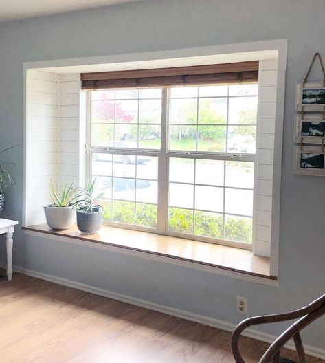 Lobe + Co | Brittany on Instagram: “Y’all what a huge difference! 🙌🏽 This shiplap window nook brightened up our living room so much. We still have some more plans for this…” Window Ledge Decor Living Room, Window Bump Out, Window Ledge Decor, Ledge Decor, Window Nook, Bump Out, Ship Lap, Window Ledge, Large Windows