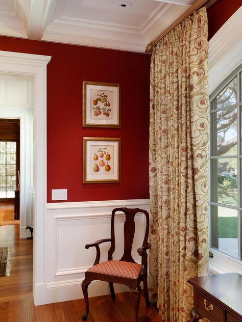 Rich Red Wallpaper Wows in Traditional Dining Room | HGTV Red And Gold Dining Room, Red Interior Design, Dining Room Wall Color, Color Curtains, Penny Bracelet, Red Dining Room, White Wainscoting, Traditional Dining Rooms, Dining Room Curtains