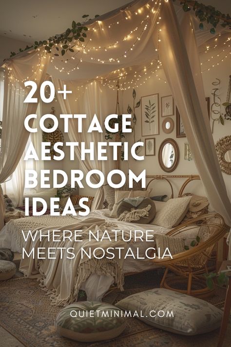 Experience the enchanting fusion of nature and nostalgia with these cottage-inspired bedroom ideas. Create a tranquil sanctuary that celebrates the beauty of the great outdoors. #NatureNostalgia #CottageAesthetic #BedroomInspiration Cottage Aesthetic Bedroom, Aesthetic Bedroom Inspirations, Cottage Bedroom Aesthetic, Cottagecore Bedroom Decor, Cottagecore Bedroom Ideas, Cottage Core Bedroom, Cottagecore Bedroom, Bohemian Bedroom Design, Fairy Bedroom