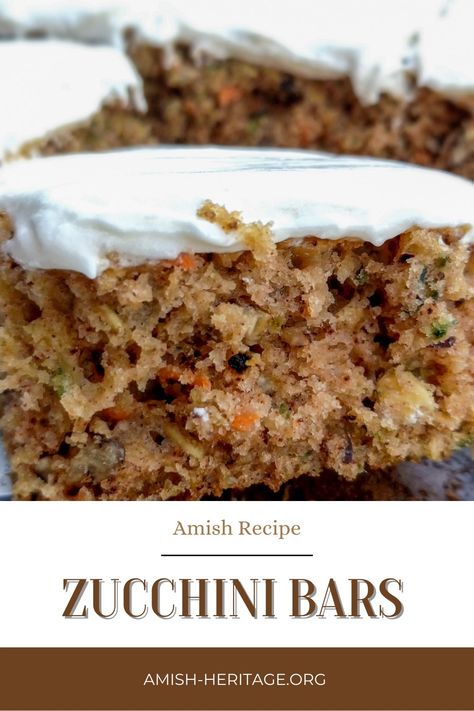 A couple of zucchini bars topped with cream cheese frosting Zucchini Granola Bars, Zucchini Bars Cream Cheese Frosting, Frosted Zucchini Brownies, Healthy Zucchini Bars, Amish Zucchini Recipes, Zucchini Bar Recipes, Zucchini Bars With Brown Butter Frosting, Ways To Use Up Zucchini, Zucchini Bars Recipes Easy