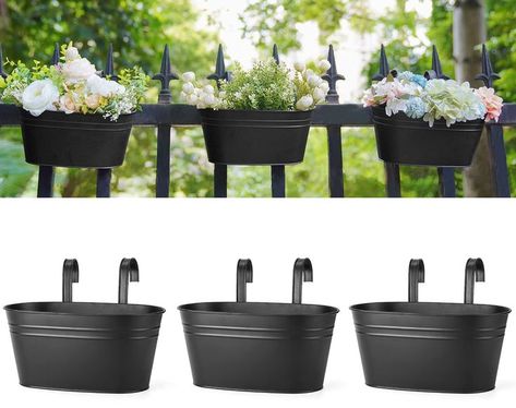 Dahey Metal Iron Hanging Flower Pots for Railing Fence Hanging Bucket Pots Countryside Style Window Flower Plant Holder with Balcony Hanging Planter, Railing Planter Boxes, Deck Railing Planters, Garden Railings, Metal Wall Planters, Fence Planters, Railing Planters, Countryside Style, Window Planters