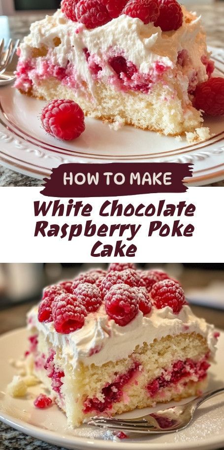 Satisfy your sweet cravings with this easy-to-make White Chocolate Raspberry Poke Cake! A delightful combination of creamy white chocolate and tangy raspberry preserves makes this dessert a showstopper for any occasion. Perfect for gatherings, this poke cake will leave your family and friends asking for seconds. Dive into layers of flavor and enjoy a treat that's simply irresistible! White Chocolate Raspberry Poke Cake, Chocolate Raspberry Poke Cake, Raspberry Poke Cake, White Chocolate Raspberry Cake, Raspberry Cake Recipes, Moist Vanilla Cake, Chocolate Poke Cake, White Raspberry, Raspberry Desserts