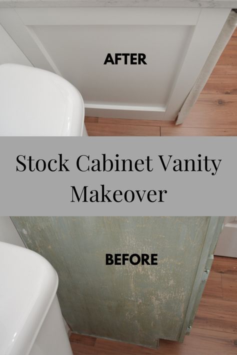 Diy Bathroom Trim Ideas, Builder Grade Bathroom Cabinet Makeover, Updating Builder Grade Cabinets, Stock Bathroom Vanity, Diy Bathroom Vanity Using Stock Cabinets, Updating Old Bathroom Cabinets, End Of Cabinet Trim, Refurbished Bathroom Cabinets, Trim On Side Of Cabinets