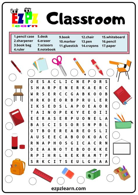 Word Search Preschool, English Ideas Teaching, Words Search Worksheet, My Classroom Worksheets For Kids, My Classroom Worksheets, Preschool English Worksheets For Kids, Classroom Language For Kids, Word Search For Kids Free Printable, Classroom Objects Activities