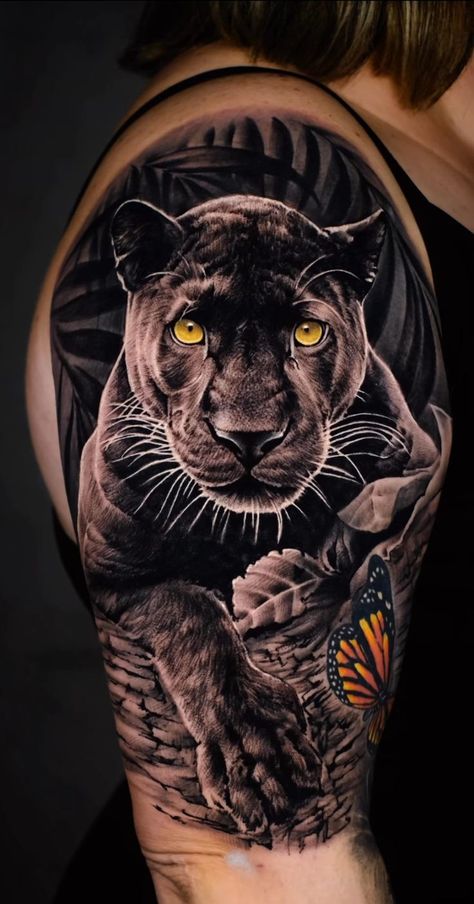 Puma Tattoo Men, Panther Tattoo Thigh, Jaguar Tattoo Men, Big Cat Tattoos, Panther Tattoo Realistic, Jungle Sleeve, Tigres Tattoo, Cover Up Tattoos For Men Arm, Puma Tattoo