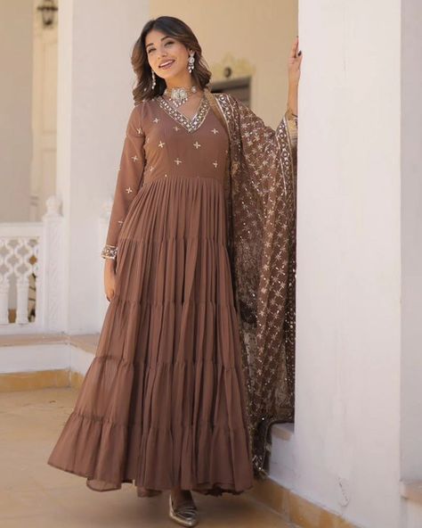 Indulge in elegance with our Ridhika Brown Georgette Anarkali Gown Suit Set. Embrace sophistication and grace effortlessly. Visit our website now to discover the epitome of style and charm. Your perfect outfit awaits! To explore our collection visit our website www.trinaari.in ✨️ Partywear Gowns, Lehenga Crop Top, Gown With Dupatta, Lehenga Choli Wedding, Gown Suit, Party Wear Gown, Cocktail Wear, Dress Salwar Kameez, Designer Gown