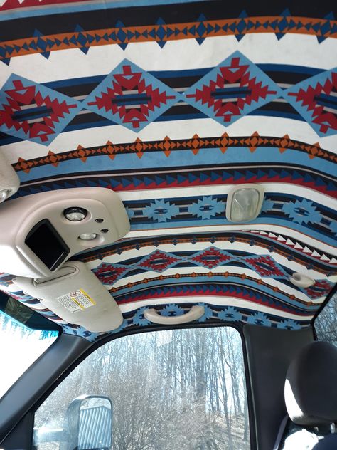 Custom Truck Headliner, Truck Dashboard Ideas, Western Headliner Truck, Ford Truck Accessories, Old Truck Accessories, Punchy Truck Accessories, Western Car Interior Ideas, Truck Inside Decor, Cool Truck Interior Ideas