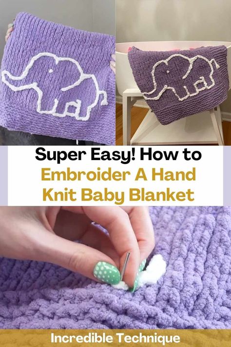 With this video tutorial you will learn how to use the chain stitch embroidery technique to add a design to a hand-knitted baby blanket! The creator of this video chose to hand embroider an elephant on her blanket and instead of yarn, used a contrasting Bernat Baby Blanket yarn color. You can create the design you want with this incredible technique and make your blanket unique. Get creative! Choose the colors that you like the most and begin to make an incredible embroidery on your blanket... Embroidery On Crochet Blanket, Hand Embroidered Blanket, Baby Blanket Embroidery Ideas, Baby Blanket Embroidery, Hand Embroidered Baby Blanket, Blanket Embroidery, Hand Knit Baby Blanket, Embroidered Baby Blanket, Knot Blanket