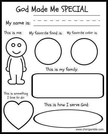 God made me special printable - fill this out and mail it to the child you sponsor. Send a blank copy and ask your sponsored child to share how God made them special. God Made Me Special, Preschool Bible Lessons, Family Worksheet, Children's Church Crafts, Bible Activities For Kids, Sunday School Crafts For Kids, Preschool Bible, God Made Me, Bible School Crafts