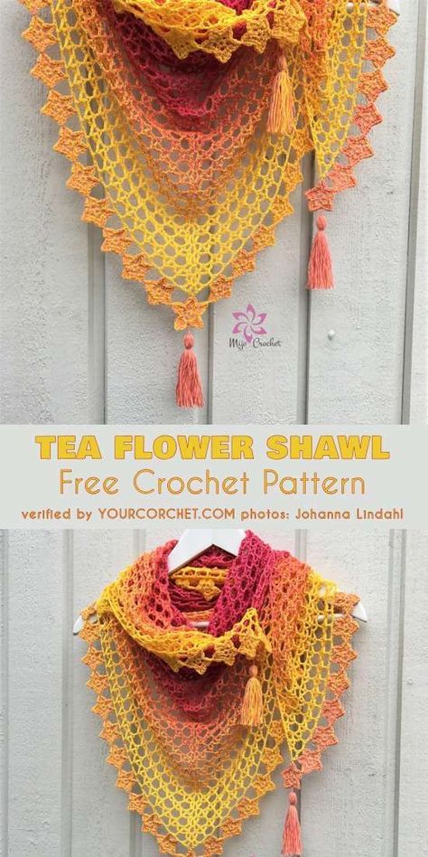 Tea Flower Shawl: FREE #Crochet Pattern This shawl is a hit. The Tea Flower Shawl is delicate, soft and drapes lovely. It will be an eye-catching addition to your summer outfit. The little flowers around the edge, which give it an even more summery look, are optional and there is an alternative picot border included. You can make this wrap in any size you want. Shawl Free Pattern, Flower Shawl, Crochet Shawl Free, Poncho Crochet, Gilet Crochet, Crochet Shawls And Wraps, Crochet Shawls, Crochet Wrap, Scarf Crochet Pattern