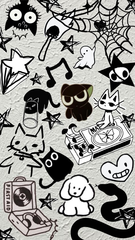 Doodle wallpaper #doodles #blackdoodles #catdoodles #blackcats #matches #cats #spiderweb #music #mushrooms #stars #blackstars #stardoodles #violetshuffle Wallpaper Aesthetic Doodle, Doodle Collage, Doodle Wallpaper, Wallpaper Iphone Boho, Notebook Drawing, Cute Summer Wallpapers, Diamond Wallpaper, Cute Disney Drawings, Cat Doodle