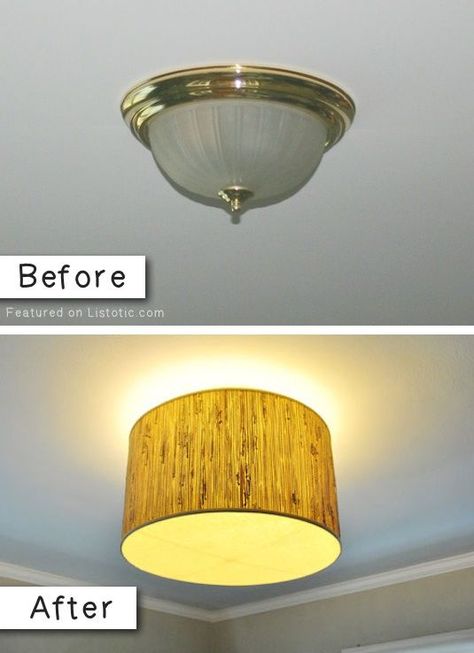 #9. Update an old light fixture with a drum lamp shade -- 27 Easy Remodeling Projects That Will Completely Transform Your Home Diy Remodeling Ideas On A Budget, Double Wide Remodel, Budget Lighting, Diy Lampe, Painting Glass, Old Lights, Glass Light, Diy Remodel, Drum Lampshade