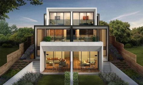 triple-storey-dual-occupancy-duplex Frontage Design, House Frontage, Wide House, Beach House Floor Plans, Dual Occupancy, Duplex Floor Plans, Narrow House Designs, Townhouse Exterior, Narrow Lot House