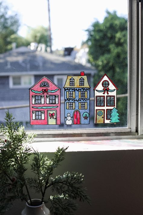 Make Your Own Christmas Village Window Clings — Entertain the Idea Butterfly Wreath Diy, Diy Window Clings, Christmas Window Clings, Diy Christmas Crackers, Christmas Content, Christmas Village Collections, Old Picture Frames, Bead Earring, Spring Decor Diy