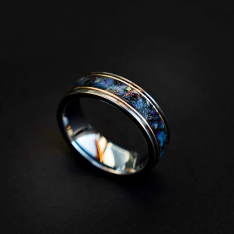 Wedding Ring Men Blue, Blue Men’s Wedding Ring, Blue And Gold Wedding Bands For Men, Mens Wedding Bands Space, Men’s Galaxy Wedding Band, Mens Lapis Lazuli Ring, Male Wedding Bands Sapphire, Male Wedding Bands Unique, Alexandrite Wedding Band Men