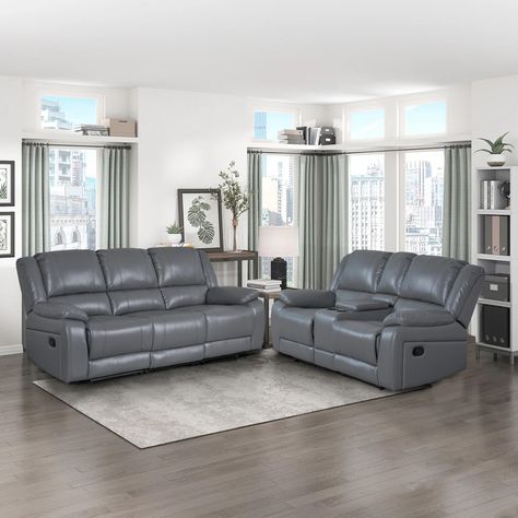 PRICES MAY VARY. Luxurious and Comfortable: The leather sofa set boasts a smooth and soft surface, lending it an elegant and opulent appearance. The generous padding provides ample support, ensuring a soft yet sturdy backing for your back, head, and arms, effectively alleviating pressure on your spine and joints. Manual Reclining Sofa Set: Discover the exceptional adaptability of this sofa as it effortlessly positions you in a nearly-horizontal stance, allowing you to fully unwind and relax. Wit Grey Leather Couch, Reclining Couch, Recliner Sofa Set, Grey Recliner, Leather Reclining Loveseat, Leather Couches Living Room, Recliner Couch, Leather Sofa Set, Couch Set