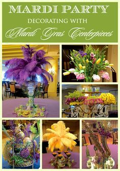 Looking for ideas to DECORATE FOR A MARDI GRAS PARTY? Here's a ballroom's worth of centerpieces and decor ideas in the Mardi Grad theme | Designthusiasm.com #mardigras #centerpieces #purplegreenandgold Mardi Gras Flower Centerpieces, Carnival Centerpieces, Mardi Grad, Mardi Gras Party Decorations, Mardi Gras Wedding, Mardi Gras Centerpieces, Colorful Centerpieces, Mardi Gra, Mardi Gras Food