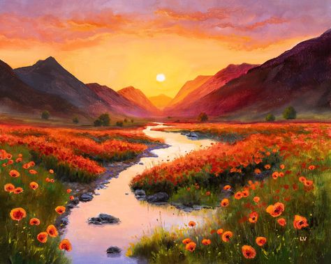 Golden Hour Watercolor, Flower Field Painting Watercolors, Watercolor Sunset Landscape, Golden Hour Painting, Golden Hour Landscape, Flower Field Painting, Flowers Oil Painting, Flamingo Painting, Podcast Studio