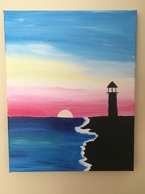 Ocean shore and light house Painting Nature Easy Simple, Easy Light House Painting, Light House Drawing Easy, Ocean Canvas Painting Easy, Simple Acrylic Paintings Sunset, Painting Ideas Easy Simple For Kids, Painting Ideas On Canvas Ocean, Easy Ocean Painting, Shore Drawing