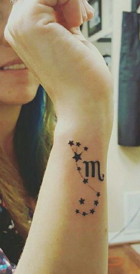 25 Scorpio Constellation Tattoo Designs, Ideas and Meanings - Tattoo Me Now Scorpio Star Sign Tattoo Design, Tiny Scorpio Sign Tattoo, Scorpio Writing Tattoo, Scorpio Symbol Tattoo For Women, Girly Scorpio Tattoo Ideas, Scorpio Symbol Aesthetic, Scorpio Virgo Tattoo, Scorpio And Pisces Tattoo Combined, Sagittarius And Scorpio Tattoo Combined