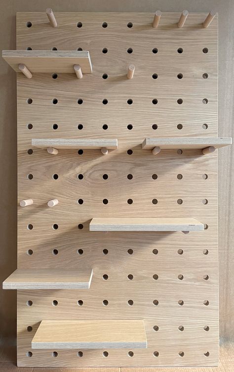 Wood Peg Wall, Peg Board Wall Storage, Peg Board Shelving, Large Hole Pegboard, Birch Plywood Shelves, Large Pegboard Wall, Birch Plywood Walls, Wall Storage Office, Wall Peg Board