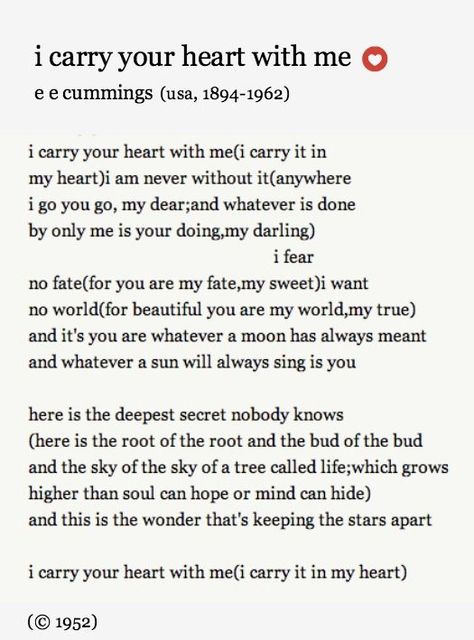 Ernst Hemingway, Ceremony Readings, Tatabahasa Inggeris, Wedding Ceremony Readings, Ee Cummings, E E Cummings, Wedding Readings, I Carry Your Heart, I Carry