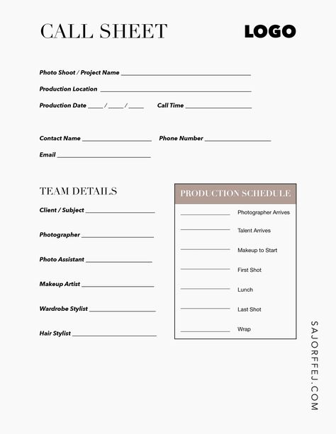 https://www.sajorffej.com/blog/how-to-make-a-call-sheet Photoshoot Call Sheet, Photo Shoot Planning Sheet, Call Sheet Photoshoot, Model Call Template, Boating Photography, Call Sheet Template, Form Reference, Photography Business Forms, Business Shoot