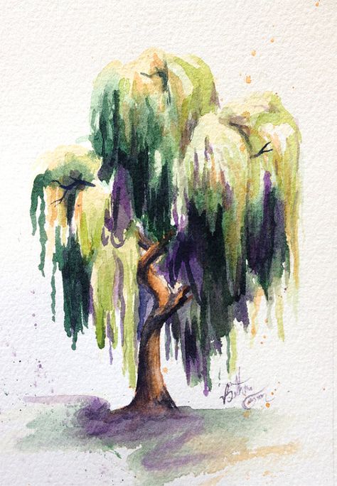 Watercolor Willow Tree by beecanbe on Etsy Watercolor Willow Tree Tattoo, Willow Tree Drawing Reference, Colorful Tree Drawing, Willow Tree Reference, Willow Tree Art Drawing, Cute Water Colour Art, Stuff To Watercolor, Willow Tree Artwork, Willow Tree Watercolor Painting