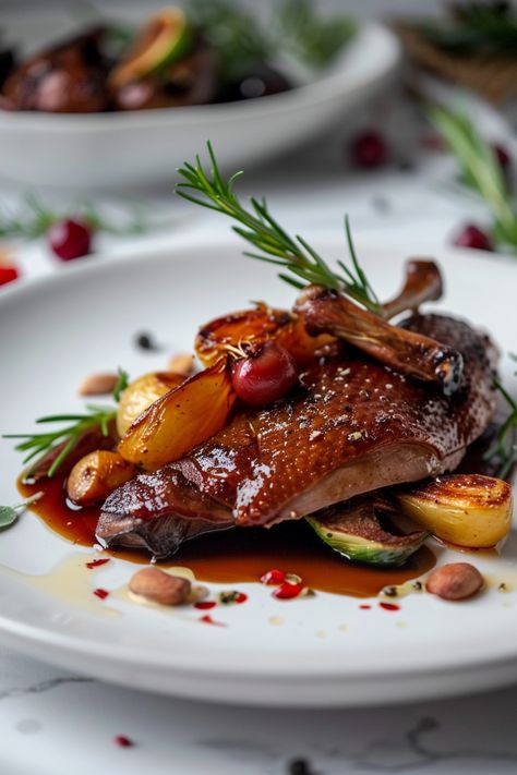 Duck Confit Recipe Gourmet Duck Recipes, Duck Leg Confit Plating, Fancy Plating Dinner, Christmas Fine Dining Food, Confit Duck Leg Recipes, Half Duck Recipes, Fresh Duck Recipes, Duck Recipes Oven, Fried Duck Recipes