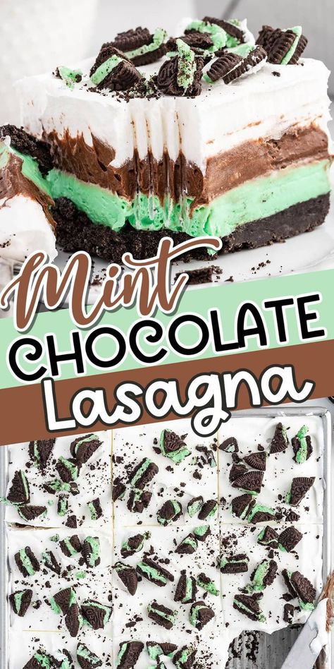 Mint Chocolate Lasagna Mint Trifle Desserts, Christmas Lasagna Dessert Recipe, No Bake Oreo Peppermint Cheesecake, Mint Flavored Desserts, Dessert With Mint Oreos, Shamrock Dessert Lasagna, Mint Oreo Birthday Cake, No Bake Oreo Mint Cheesecake, Shamrock Lasagna Recipe