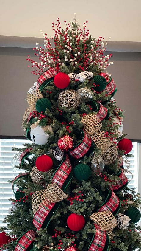 Adding ribbon to a tree is the most commonly asked question. There are so many ways to use ribbon on a tree and this is one that I use… | Instagram Res And Green Christmas Tree Ideas, Plaid And Wood Christmas Tree, Christmas Tree Themes Colors Red Decorating Ideas, Gold And Red Christmas Tree Ideas, Reindeer Tree Theme, Wired Ribbon Christmas Tree, Mesh And Ribbon Christmas Tree, Christmas Tree Decor Red And Green, Red And Green Velvet Christmas Tree