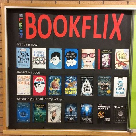 School Readathon Ideas, Bookflix Bulletin Board, Book Bulletin Board Ideas, Bookflix Display, Library Room Ideas School, School Library Decorating Ideas, Middle School Library Bulletin Boards, Library Display Ideas, School Library Book Displays