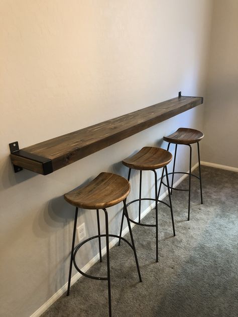 Drink Rail Bar, High Countertop Bar, Wall Counter Bar, Floating Bar Counter, Hanging Bar Table, Floating Bar Table, Floating Shelf Ideas, Drink Rail, Game Room Ideas