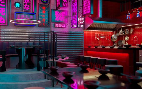 Japanese restaurant design on Behance Futuristic Restaurant Design, Futuristic Restaurant, Japanese Restaurant Design, Bar Business, Cyberpunk Design, Multifunctional Space, Japanese Interior, Retro Theme, Japanese Restaurant